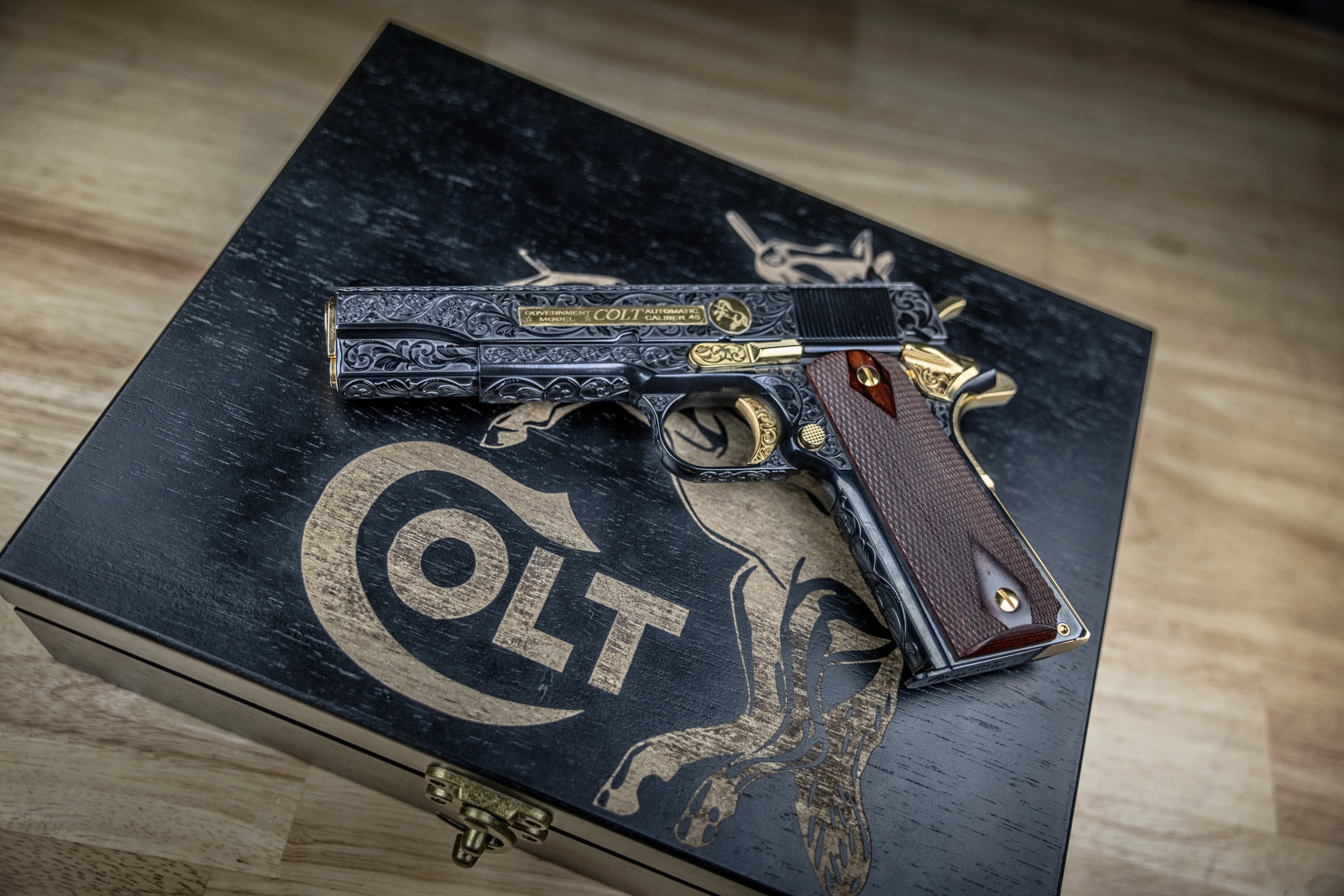 Custom engraved 1911 on Colt presentation box
